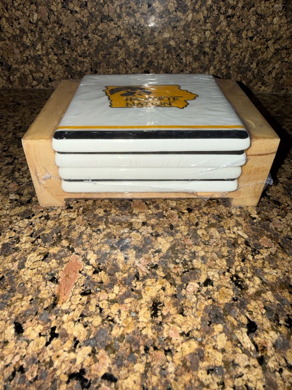 Iowa Hawkeye Nation Ceramic Coaster Set with Wood Holder - Black & Gold - Picture 2 of 5